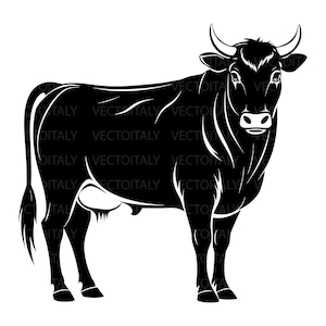 May include: A black and white illustration of a bull. The bull is standing and facing forward, with its horns and other features clearly defined. The text "VECTOITALY" is repeated throughout the image.