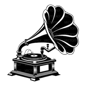 Può includere: Illustrazione in bianco e nero di un grammofono vintage. Il grammofono presenta un'ampia tromba svasata e un giradischi su una base rettangolare. Il design è una rappresentazione classica della tecnologia del suono.