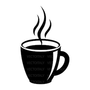 May include: Black and white illustration of a coffee mug with steam rising from the top. The mug is filled with a dark liquid and has a handle on the right side. The steam is represented by three curved lines.