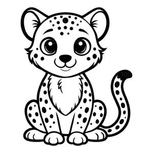 Puede incluir: Una ilustración de arte lineal en blanco y negro de un cachorro de leopardo sentado. El cachorro presenta ojos grandes y redondos, una nariz pequeña y una boca sonriente. Su cuerpo está cubierto de manchas circulares, con un pecho esponjoso y una cola larga y curva.