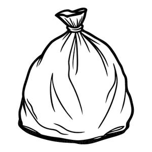 Può includere: Illustrazione in bianco e nero di un sacco della spazzatura legato. La borsa è piena e presenta pieghe e grinze visibili, con un nodo in cima. È una semplice rappresentazione grafica di un oggetto domestico comune.