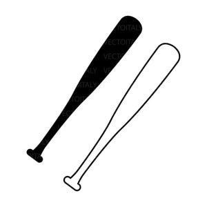 May include: Two baseball bats, one solid black and the other an outline, are displayed against a white background. The bats are angled, showcasing their rounded handles and tapered barrels, typical of the sport.