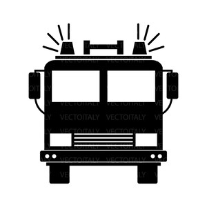 May include: A black and white illustration of a fire engine. The image shows the front of the vehicle, including the headlights, emergency lights, and the word "VECTOITALY" repeated across the image.
