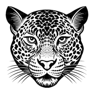 Può includere: Illustrazione in bianco e nero di un viso di leopardo. Il leopardo ha un motivo maculato e un'espressione seria.