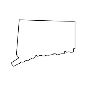 Peut inclure: Un contour noir de l'État du Connecticut, aux États-Unis, sur fond blanc. La forme est un design simple et minimaliste, avec les frontières de l'État clairement définies.