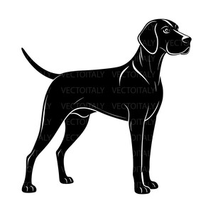 Könnte beinhalten: Eine schwarz-weiße grafische Illustration eines stehenden Hundes im Profil. Der Hund hat einen schlanken Körper, spitze Ohren und einen nach oben gerichteten Schwanz. Das Design zeigt klare Linien und eine schwarze Silhouette mit weißen Konturen.