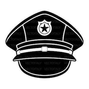 Può includere: Illustrazione vettoriale in bianco e nero di un cappello da poliziotto. Il cappello ha una forma distintiva con visiera e fascia. Uno scudo con un'emblema a stella è presente. Design per prodotti a tema polizia.