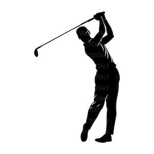 Puede incluir: Silueta de un golfista balanceando un palo de golf. El golfista está en pleno swing, con su cuerpo contorsionado en una pose dinámica. El palo está elevado en el aire, y las piernas del golfista están dobladas en las rodillas.