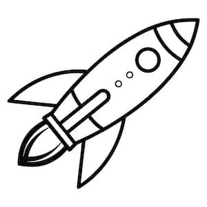 Può includere: Illustrazione in bianco e nero di un razzo. Il razzo ha un corpo aerodinamico, alette, una fiamma alla base e finestre circolari. Il design è semplice e grafico, adatto a varie applicazioni.