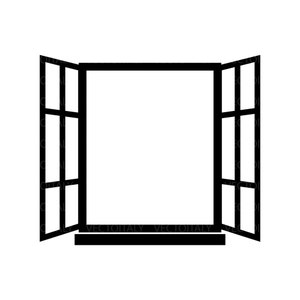 May include: A black and white illustration of a window with four panes on each side. The window is open and the bottom of the window has a small ledge.