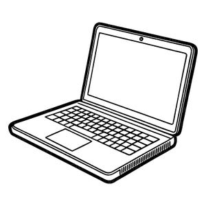 Può includere: Un'illustrazione in bianco e nero a tratto di un computer portatile aperto. Il dispositivo presenta uno schermo con un bordo sottile, una tastiera con tasti quadrati e un touchpad rettangolare. Il design è realizzato in uno stile grafico semplice.