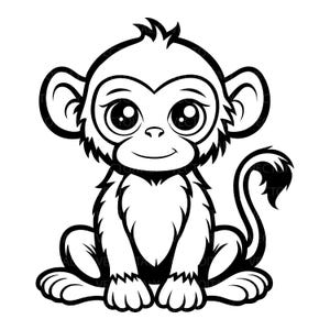 May include: A black and white line art illustration of a seated monkey with large, expressive eyes, a small nose, and a gentle smile. The monkey features rounded ears, a tufted chest, and a long, curved tail, rendered in a clean, bold graphic style.