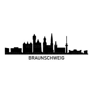 Può includere: Silhouette in bianco e nero dello skyline di Braunschweig, con diversi edifici alti e un campanile. Il nome della città "BRAUNSCHWEIG" è scritto in maiuscolo sotto lo skyline.