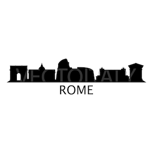 Può includere: Silhouette in bianco e nero dello skyline di Roma, con monumenti iconici come il Colosseo, il Pantheon e la Fontana di Trevi. Il testo "ROMA" è visualizzato sotto lo skyline.