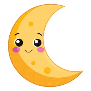 Può includere: Un'illustrazione di una luna crescente gialla con un volto amichevole, caratterizzata da grandi occhi neri, un piccolo sorriso e guance circolari rosa brillante. La superficie della luna è decorata con macchie circolari giallo scuro.