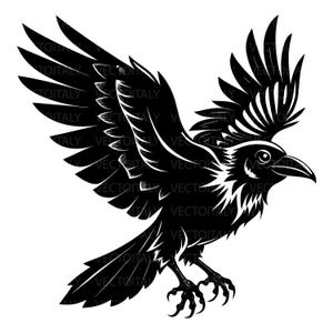 May include: A high-contrast black and white graphic illustration of a crow in flight with wings fully extended upward. The bird features sharp, stylized feathers, a pointed beak, and visible talons, presented against a plain white background.