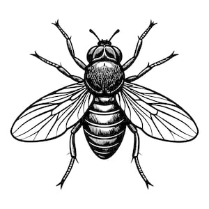 Puede incluir: Ilustración detallada en blanco y negro de una mosca. El insecto se representa con detalles intrincados, incluyendo cuerpo segmentado, alas y patas. La mosca está centrada sobre un fondo blanco.