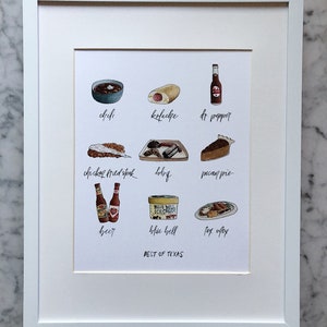 Best of Texas Foods Watercolor Art Print | Texas Lover Gift | Texas Food Painting | Texas Food Lover | Texas Wall Art | Texas Home Decor