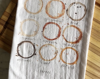 Coffee Tea Towel | Coffee Lover Gift | Types of Coffee Decor | Coffee Stains | Coffee Towel | Watercolor Coffee Decor | Different Coffees