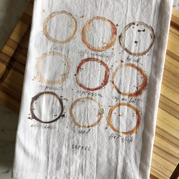 Coffee Tea Towel | Coffee Lover Gift | Types of Coffee Decor | Coffee Stains | Coffee Towel | Watercolor Coffee Decor | Different Coffees