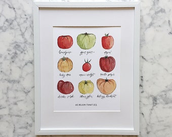 Impression d'art aquarelle tomates anciennes | Art de la tomate | Décoration de cuisine tomate | Art végétal | Cadeau pour amoureux des tomates | Cadeau gourmand | Cadeau jardin