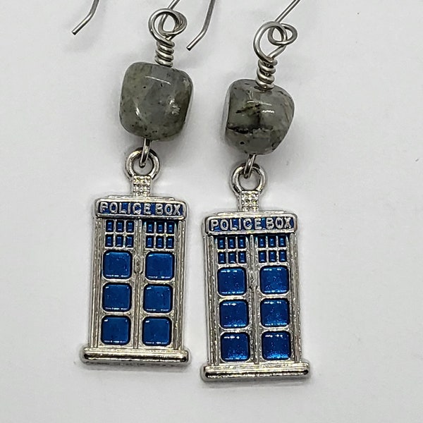 Doctor Who Tardis Earrings with Labradorite Nuggets - Handmade Earrings