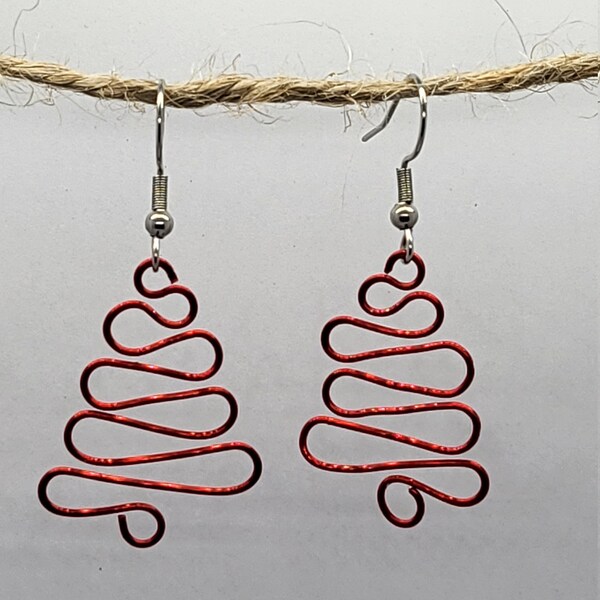 Red Wire Christmas Tree Earrings - Handmade Wire Earrings