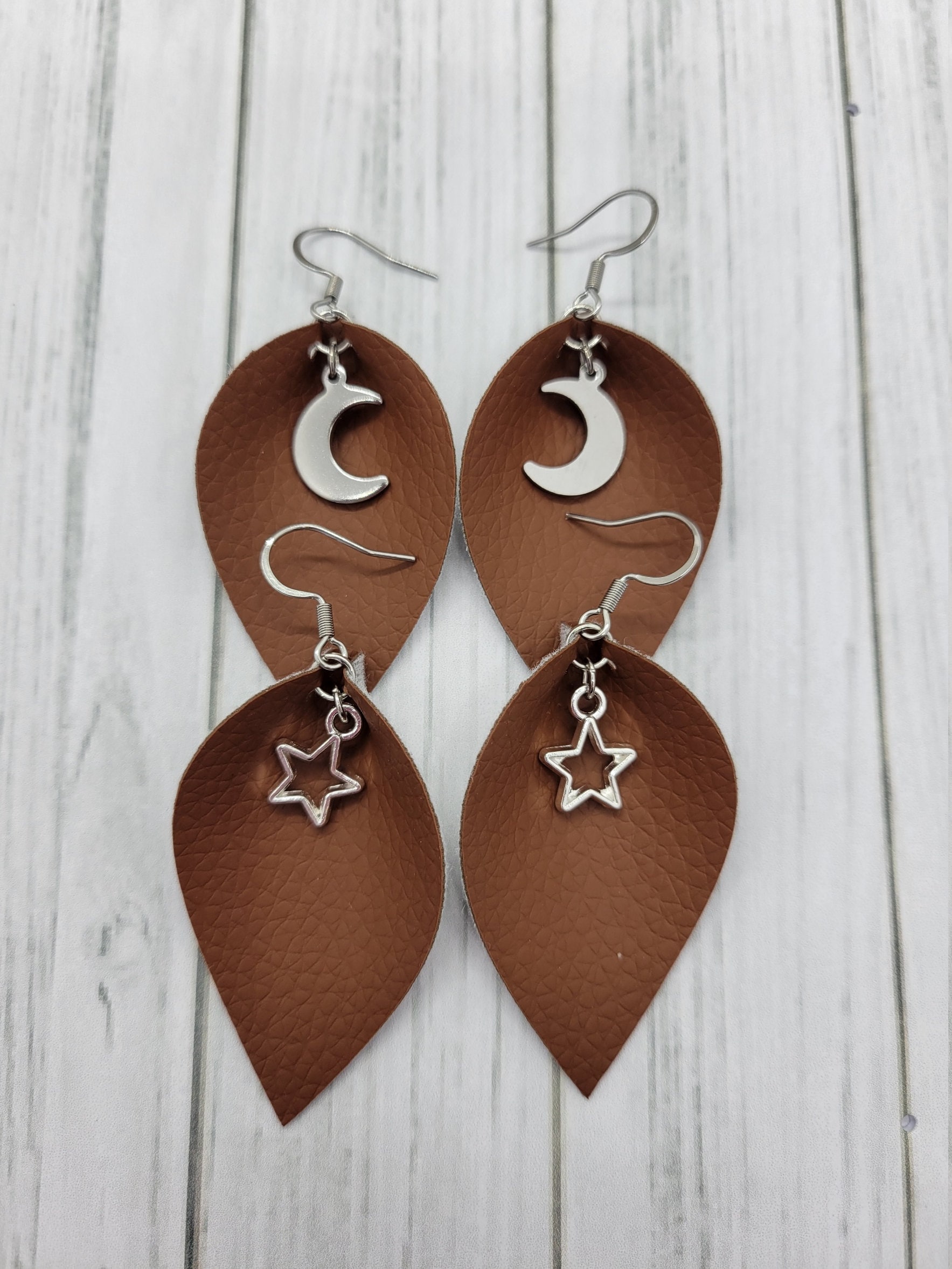 Brown Pinched Faux Leather Earrings With Moon or Star Charms