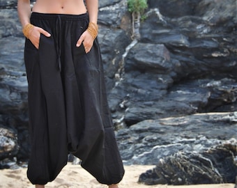 Black Cotton Afghani Pants, Natural Harem Pants, Aladdin Pants, Hippie Pants, Yoga pants, Tribal Clothing, Earthy Clothing, Drop Crotch