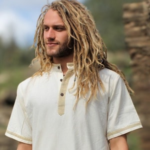 Camisa de hombre khadi natural, camisa blanca, camisa ceremonial, camiseta hippie, camisa boho, camiseta de hombre, ropa hippie, camisa de algodón, ropa tribal