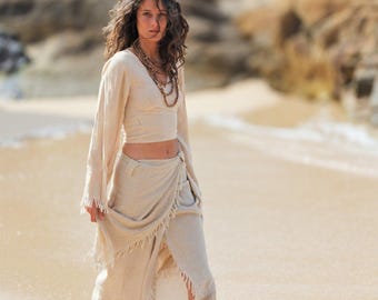 Frayed Jute Wrap Skirt: Long Boho Tribal Maxi Skirt