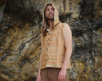 Men Boho Vest, Hooded Vest, Men Waistcoat, Khadi Cotton Vest, Earthy Clothing, Hippie Vest, Hooded Shirt, Psytrance Clothing, Beach Festival