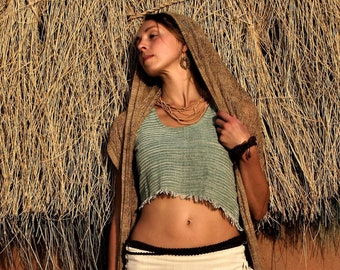 Women Khadi Top, Fringe Top, Summer Crop Top, Khadi Clothing, Asymmetrical Top, Beach Top, Loose Blouse, Hippie Top, Natural Clothing