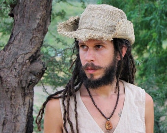 Straw hat Men Hemp Summer Hat Frayed Edges manakamana Hemp Sun hat Natural Hippie hat