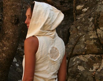 Top de túnica Khadi, sudadera con capucha Flower Of Life, top con capucha, ropa terrosa, ropa Khadi, sudadera con capucha Boho, top de túnica hippie, ropa Boho, blanco