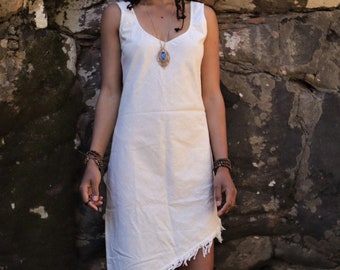 Goddess Cotton Fringe Dress, White Boho Midi Dress, Assymetric Cotton Dress, Frayed Boho Dress, Short Summer Dress, Earthy Clothing
