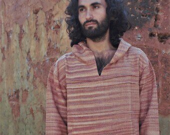 Men Shirt With Hoodie, Khadi Long Sleeves Shirt, Festival Clothing, Hippie Men Clothing, Men Jumper, Ethnic Shirt, Hand Woven, Gift For Him