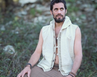 Men's Khadi Cotton Hooded Vest: Tribal Style Waistcoat