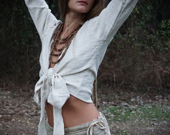 Natural Wrap Top, Raw Cotton Top, Women Crop Top, Boho Clothing, Natural Clothing, Wrap Blouse, Hippie Top, Ceremonial Clothing, White Top