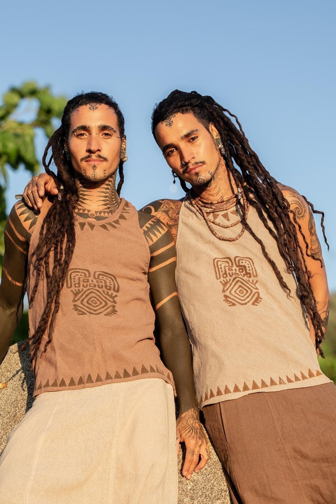 Camicia da uomo in cotone con stampa tribale a blocchi, top da