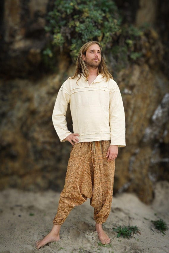 Natural Khadi Cotton Men's Hoodie: Boho Hippie Jumper