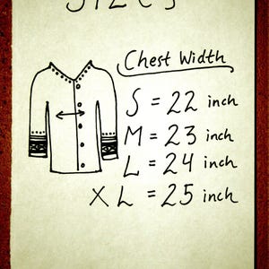 May include: A hand-drawn illustration of a shirt with a button-up front and long sleeves. The illustration includes measurements for different sizes: S = 22 inches, M = 23 inches, L = 24 inches, XL = 25 inches.