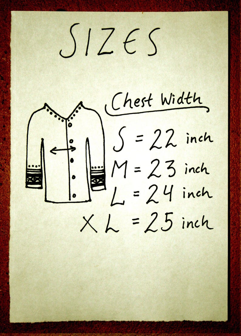 May include: A hand-drawn illustration of a shirt with a button-up front and long sleeves. The illustration includes measurements for different sizes: S = 22 inches, M = 23 inches, L = 24 inches, XL = 25 inches.