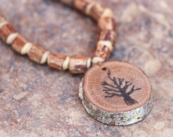 Oak Wood Tree Of Life Necklace: Tulsi Beaded Boho Jewelry