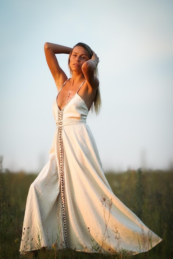 raw silk long dress Raw Silk Maxi Dress: Tribal Block Print Boho Wedding Dress