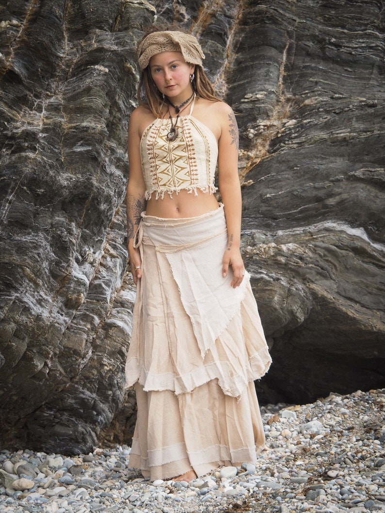 Layered Boho Maxi Skirt, Hippie Drape Skirt, Cotton Wrap Skirt, Long Pixie Skirt, Fairy Skirt, Festival Clothing, Natural Raw Cotton Skirt image 2