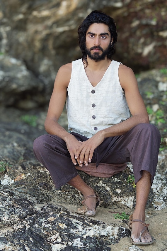 Men's Khadi Cotton Vest: Sleeveless Tribal Boho Shirt