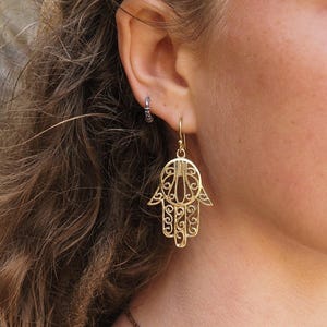 Hamsa Hand Brass Earrings, Hand of Fatima Earrings, Hamsa Earrings, Brass Dangle Earrings, Evil Eye Protection Earrings, Sacred Jewelry