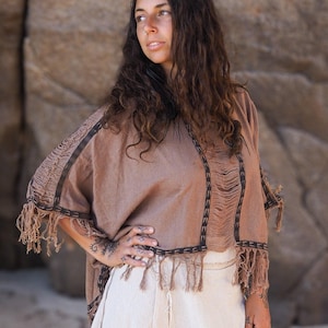 Boho Fringe Poncho, Fringe Poncho, Brown Frayed Top, Tribal Poncho, Earthy Clothing, Boho Top, Poncho, Ceremonial Clothing, Block Print Top