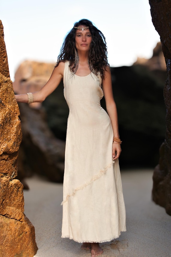 Raw Silk Boho Dress: Cream White Bohemian Maxi Wedding Dress Raw Silk Boho Dress: Cream White Bohemian Maxi Wedding Dress